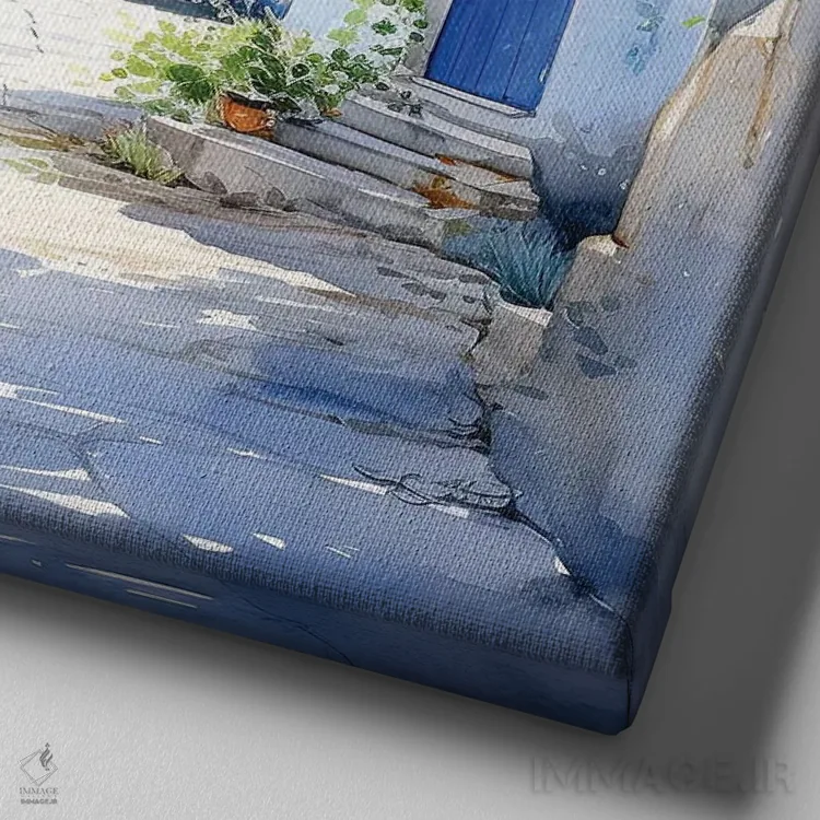 تابلو دکوراتیو خانه های جزایر یونان با آبرنگ اثر جین ریکس - نمای نزدیک بافت بوم