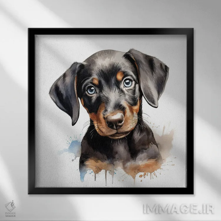 تابلو دکوراتیو توله دوبرمن اثر جین ریکس - نمای قابدار مشکی