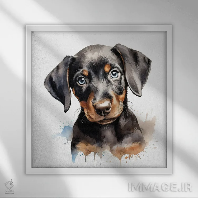 تابلو دکوراتیو توله دوبرمن اثر جین ریکس - نمای قابدار سفید