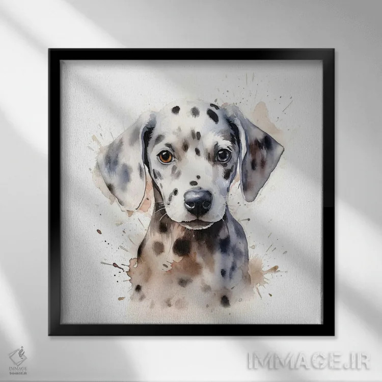 تابلو دکوراتیو پرتره توله سگ دالماتین اثر جین ریکس - نمای قابدار مشکی
