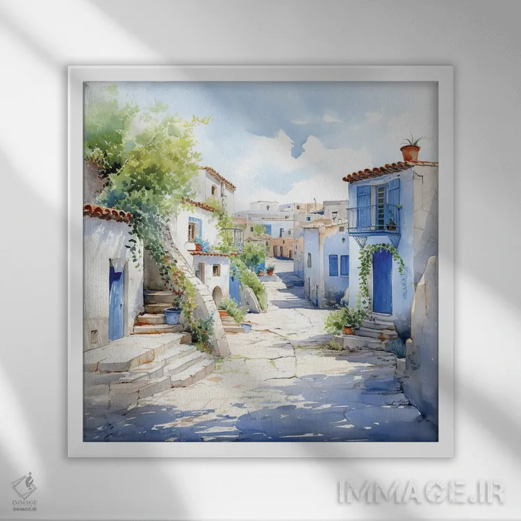 تابلو دکوراتیو خانه های جزایر یونان با آبرنگ اثر جین ریکس - نمای قابدار سفید