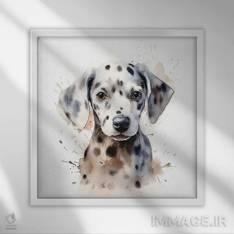 تابلو دکوراتیو پرتره توله سگ دالماتین اثر جین ریکس - نمای قابدار سفید