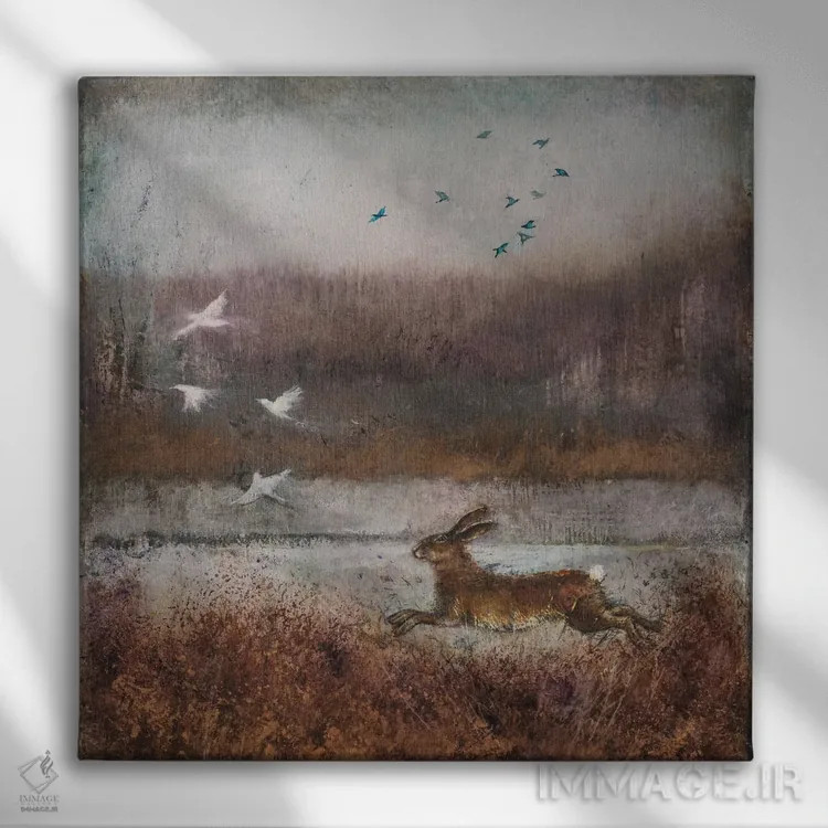 تابلو دکوراتیو خرگوش طلایی اثر جو رام - نمای روبهرو روی دیوار