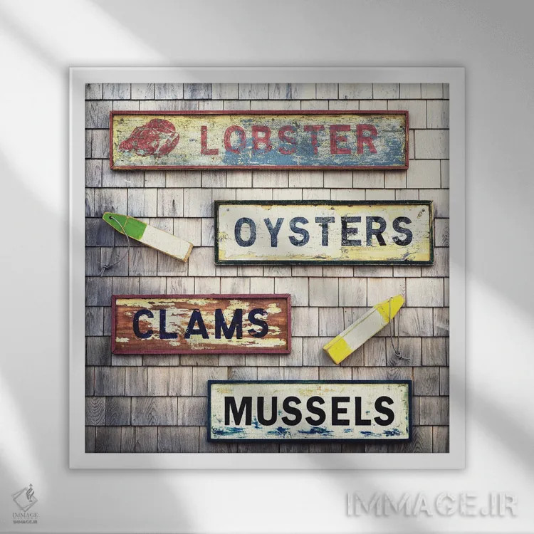 تابلوهای محصولات دریایی اثر جین ریکس - نمای قابدار سفید