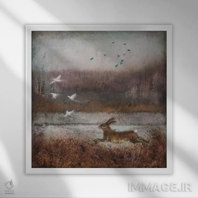 تابلو دکوراتیو خرگوش طلایی اثر جو رام - نمای قابدار سفید