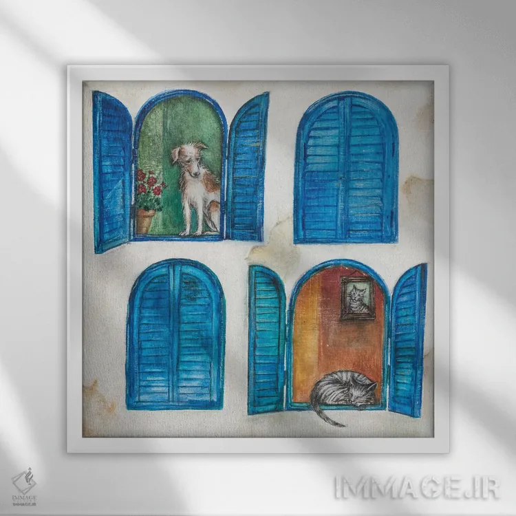 تابلو دکوراتیو چرت گربه ای اثر جو رام - نمای قابدار سفید