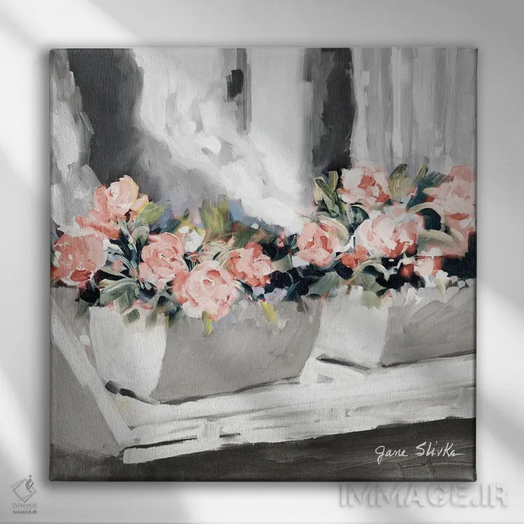 تابلو دکوراتیو پنجره گلدار صورتی اثر جین اسلیوکا - نمای روبهرو روی دیوار