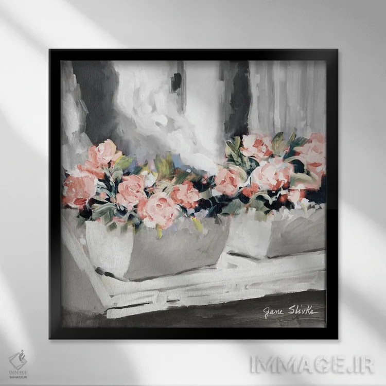 تابلو دکوراتیو پنجره گلدار صورتی اثر جین اسلیوکا - نمای قابدار مشکی