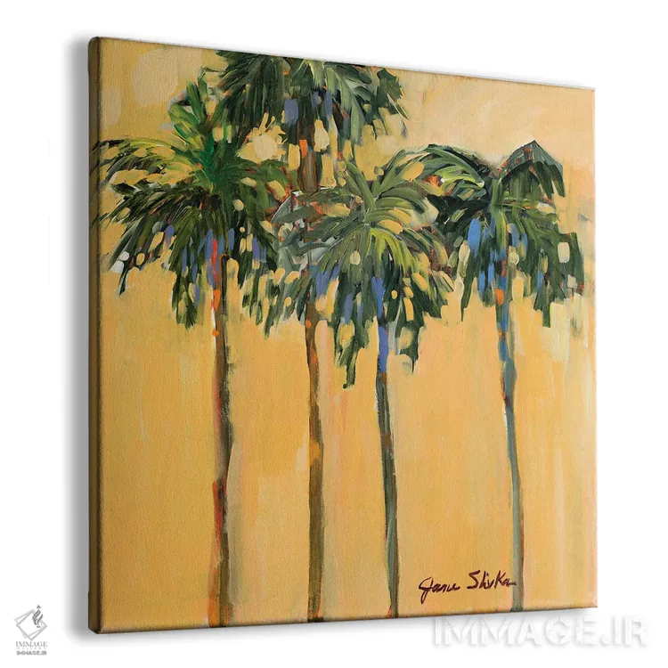تابلو انتزاعی نخل های استوایی روی زمینه زرد اثر جین اسلیوکا - نمای پرسپکتیو محصول