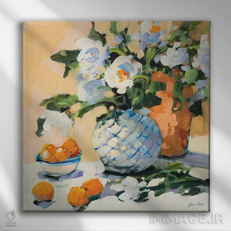 تابلو انتزاعی گل ها و پرتقال ها اثر جین اسلیوکا - نمای روبهرو روی دیوار