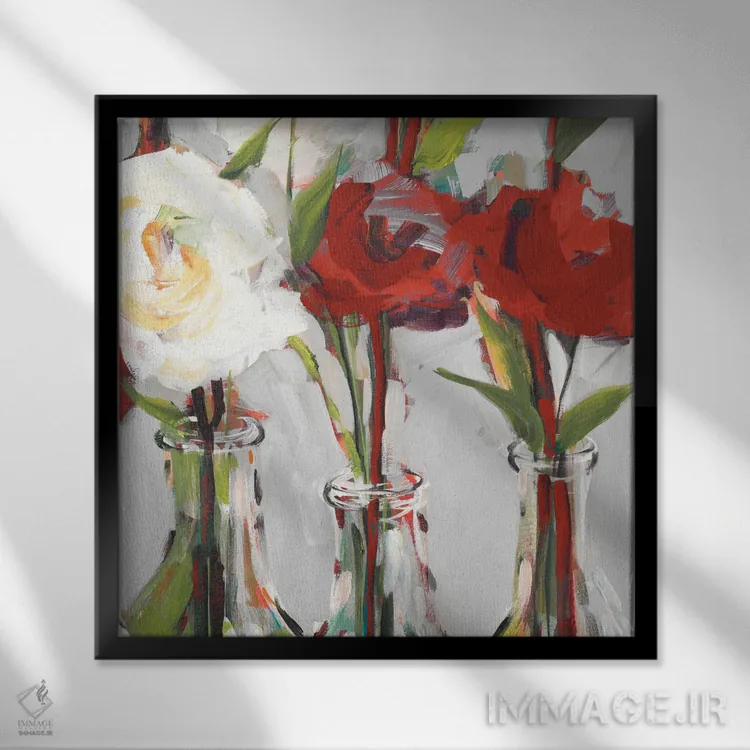 تابلو دکوراتیو شکوفه های قرمز عاشقانه I اثر جین اسلیوکا - نمای قابدار مشکی