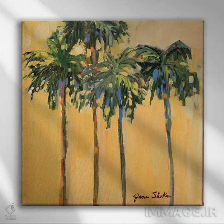 تابلو انتزاعی نخل های استوایی روی زمینه زرد اثر جین اسلیوکا - نمای روبهرو روی دیوار