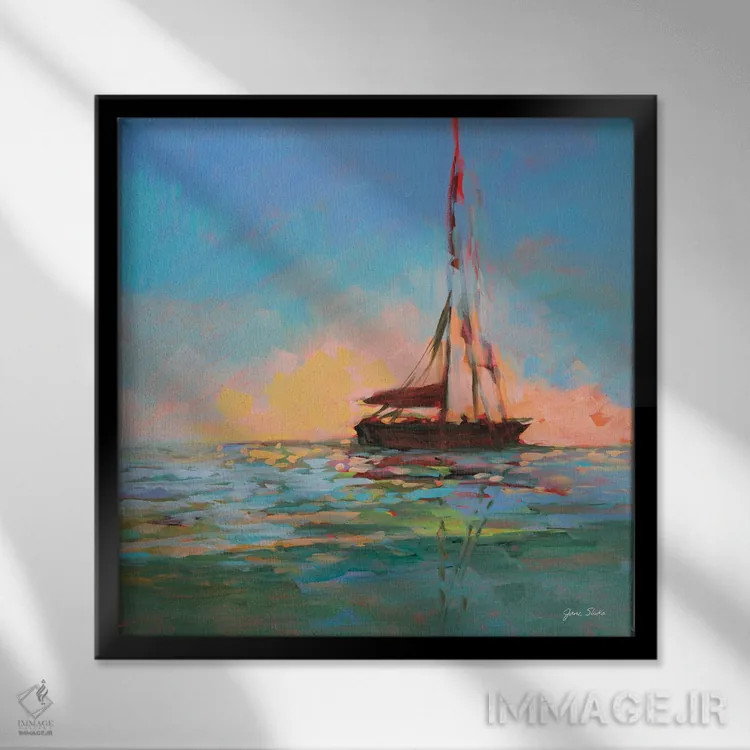 تابلو انتزاعی قایق بادبانی در افق اثر جین اسلیوکا - نمای قابدار مشکی