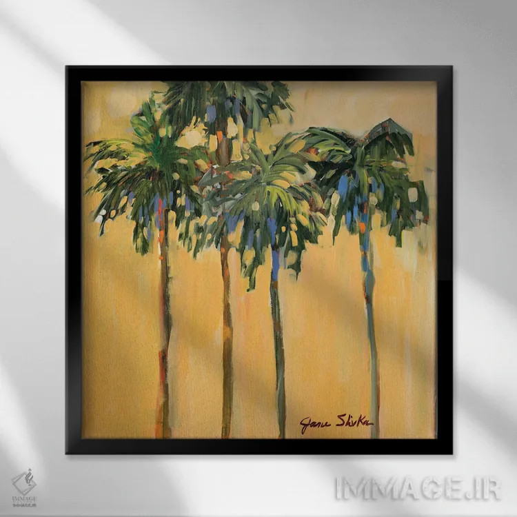 تابلو انتزاعی نخل های استوایی روی زمینه زرد اثر جین اسلیوکا - نمای قابدار مشکی