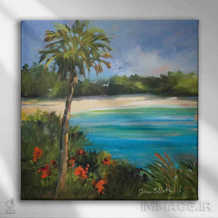 تابلو دکوراتیو جزیره نخل ها اثر جین اسلیوکا - نمای روبهرو روی دیوار