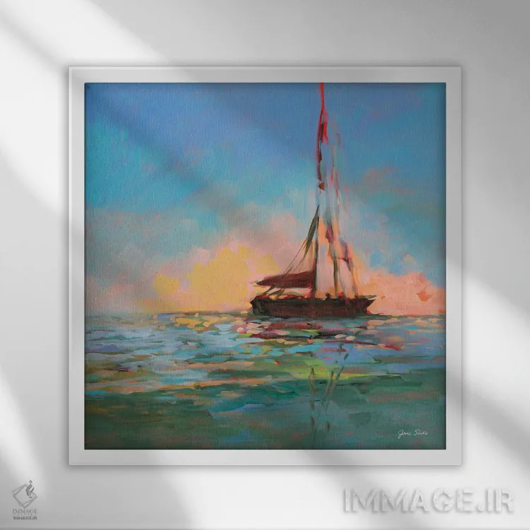 تابلو انتزاعی قایق بادبانی در افق اثر جین اسلیوکا - نمای قابدار سفید