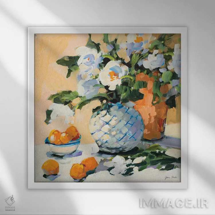 تابلو انتزاعی گل ها و پرتقال ها اثر جین اسلیوکا - نمای قابدار سفید