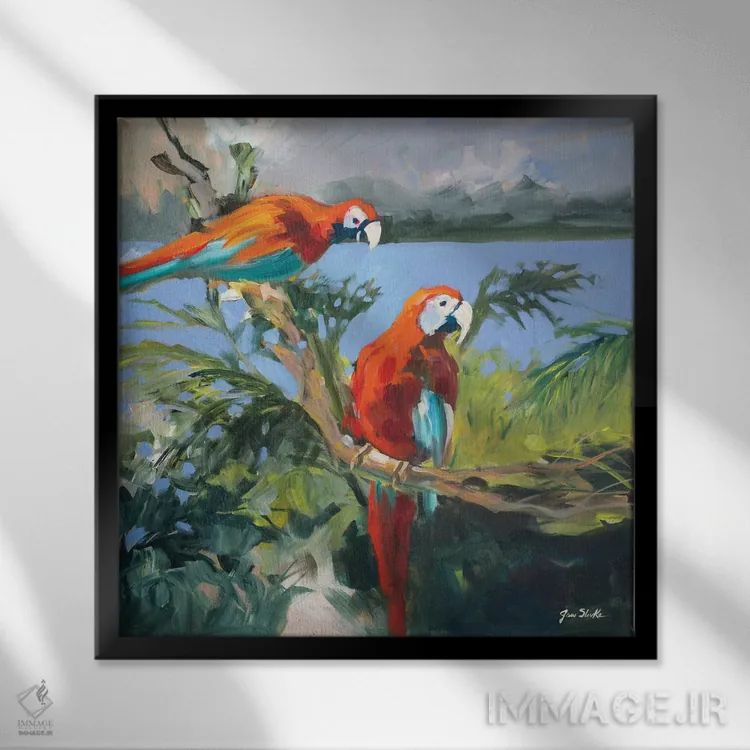تابلو دکوراتیو طوطی ها کنار خلیج II اثر جین اسلیوکا - نمای قابدار مشکی