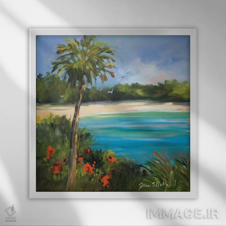 تابلو دکوراتیو جزیره نخل ها اثر جین اسلیوکا - نمای قابدار سفید