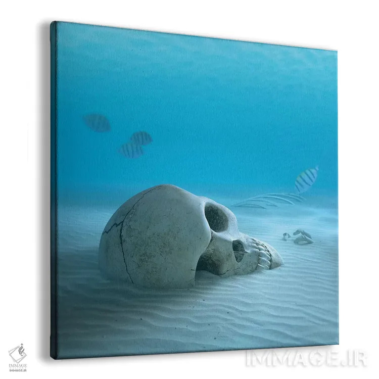 تابلو دکوراتیو جمجمه در کف شنی اقیانوس همراه با ماهی های کوچک که استخوا… اثر یوهان سوانپوئل - نمای پرسپکتیو محصول