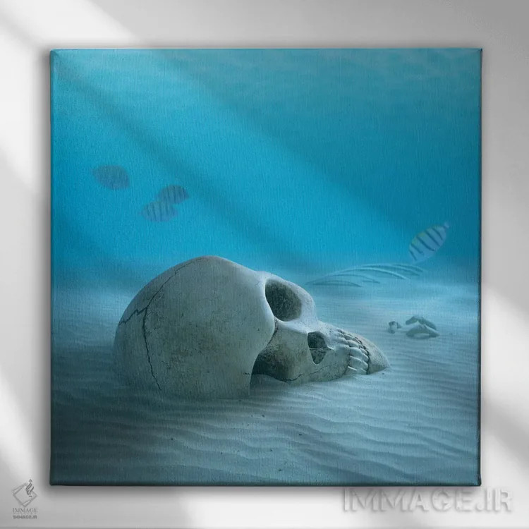 تابلو دکوراتیو جمجمه در کف شنی اقیانوس همراه با ماهی های کوچک که استخوا… اثر یوهان سوانپوئل - نمای روبهرو روی دیوار