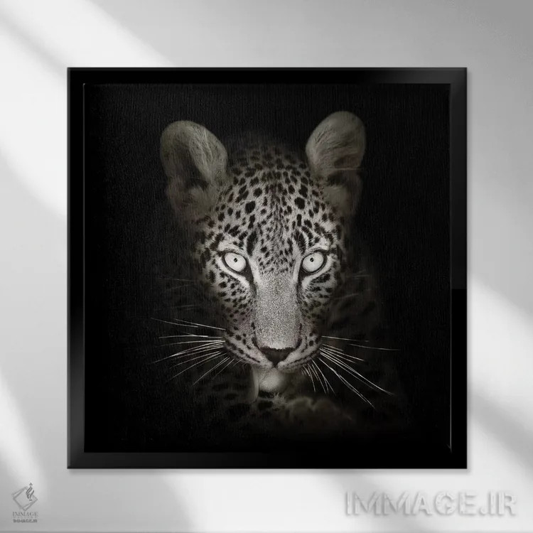 تابلو دکوراتیو پرتره پلنگ در تاریکی اثر یوهان سوانپوئل - نمای قابدار مشکی