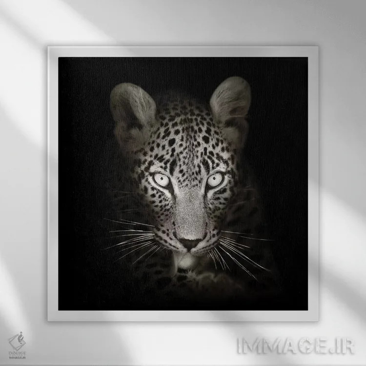 تابلو دکوراتیو پرتره پلنگ در تاریکی اثر یوهان سوانپوئل - نمای قابدار سفید