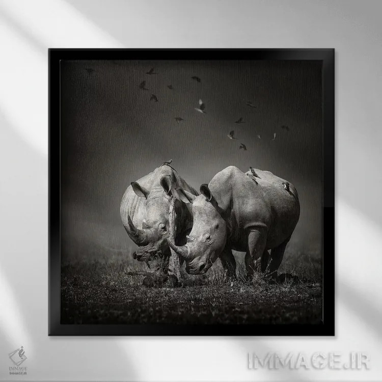 تابلو دکوراتیو دو کرگدن با پرندگان اثر یوهان سوانپوئل - نمای قابدار مشکی