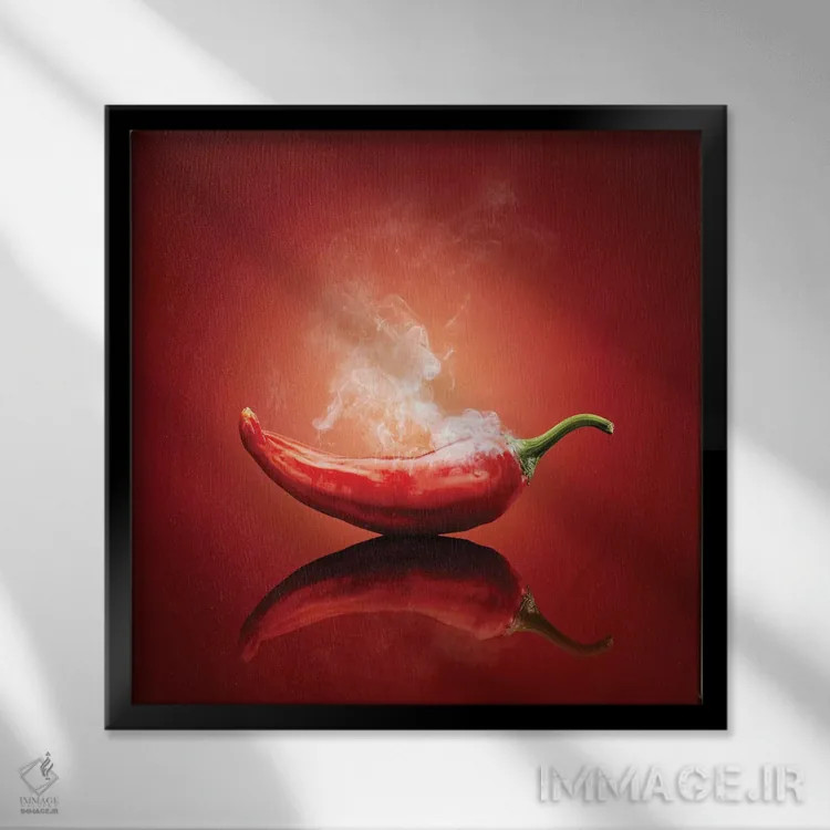 تابلو دکوراتیو فلفل قرمز داغ و بخارآلود اثر یوهان سوانپوئل - نمای قابدار مشکی