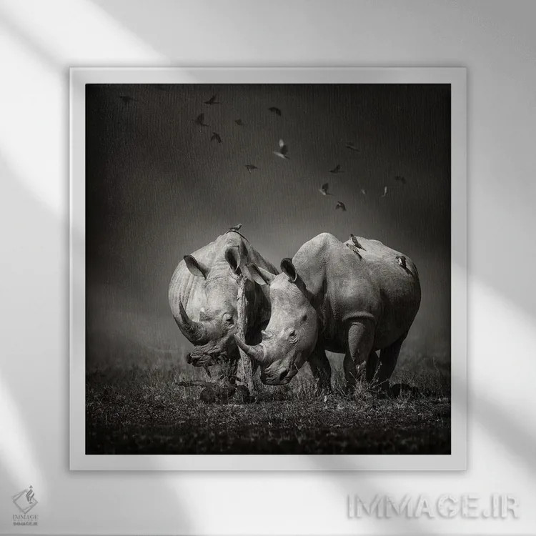 تابلو دکوراتیو دو کرگدن با پرندگان اثر یوهان سوانپوئل - نمای قابدار سفید