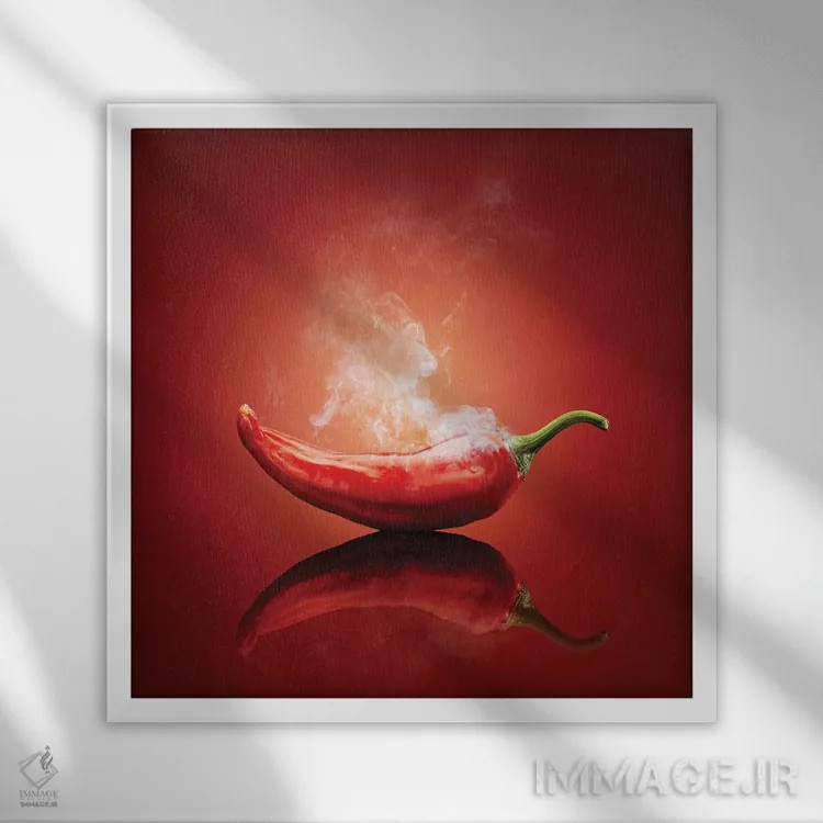 تابلو دکوراتیو فلفل قرمز داغ و بخارآلود اثر یوهان سوانپوئل - نمای قابدار سفید