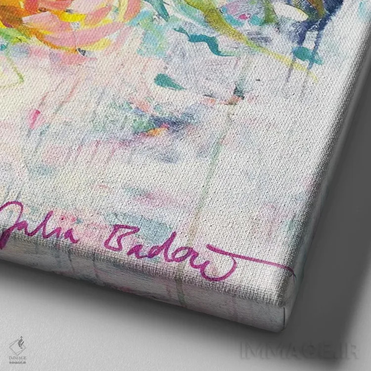 تابلو دکوراتیو دسته گل شادی اثر جولیا بادو - نمای نزدیک بافت بوم