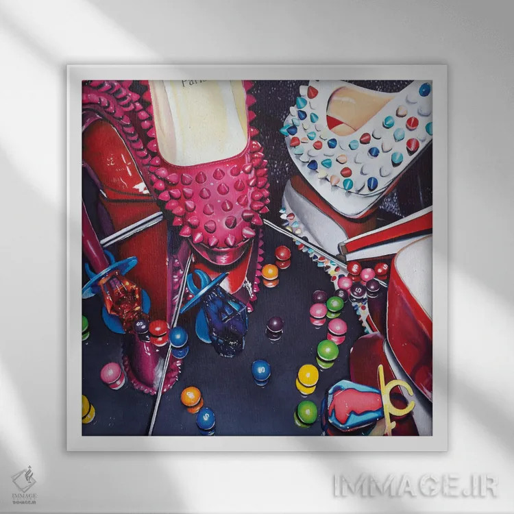 تابلو دکوراتیو کفش های لابوتن و آب نبات حلقه ای اثر جولیا رایان - نمای قابدار سفید