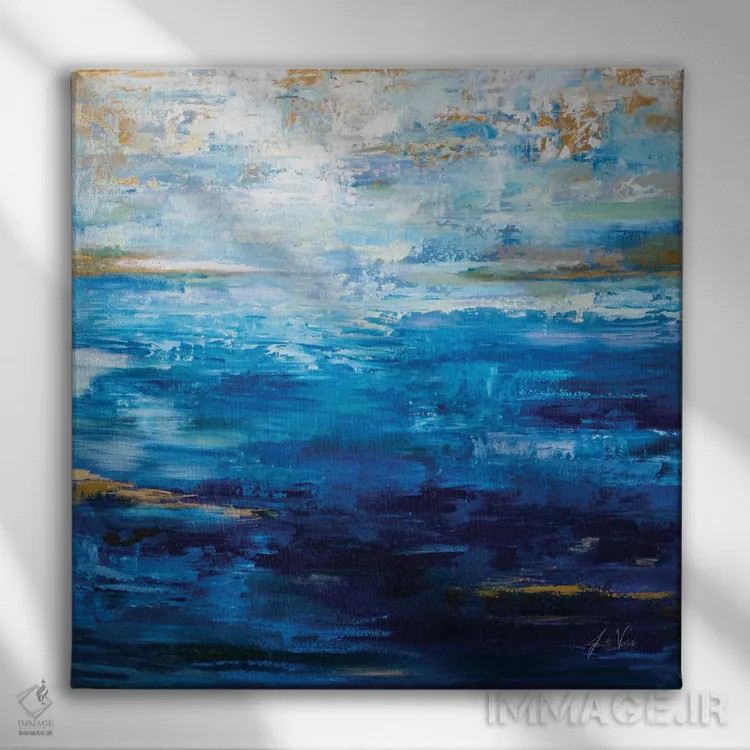 تابلو انتزاعی آبی عمیق اثر ژانت ورتنتس - نمای روبهرو روی دیوار