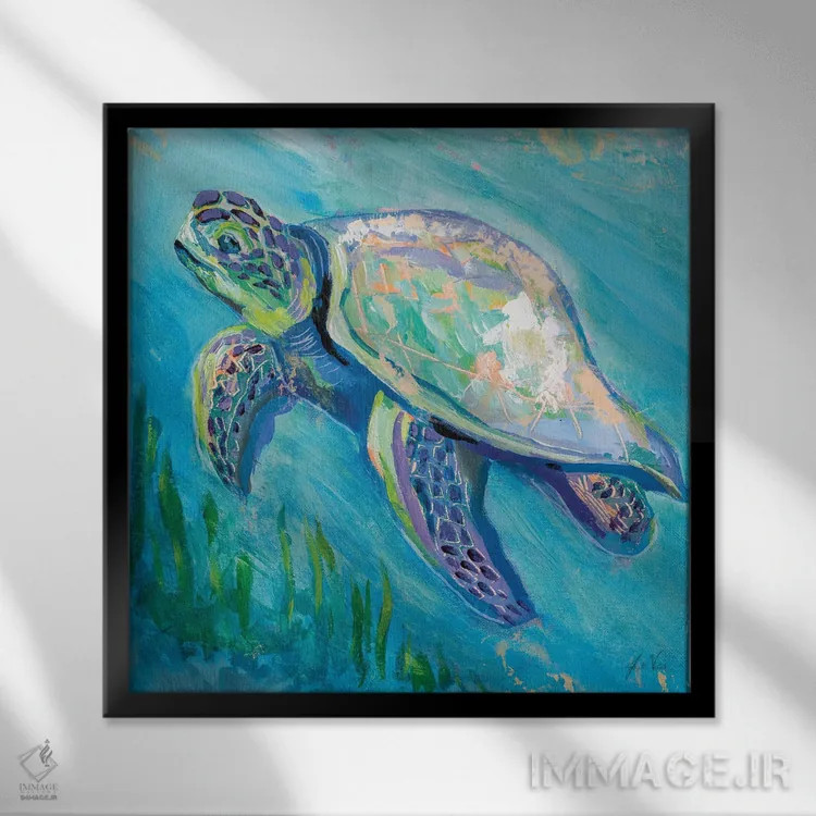 تابلو دکوراتیو شنا کردن لاک پشت دریایی II اثر ژانت ورتنتس - نمای قابدار مشکی