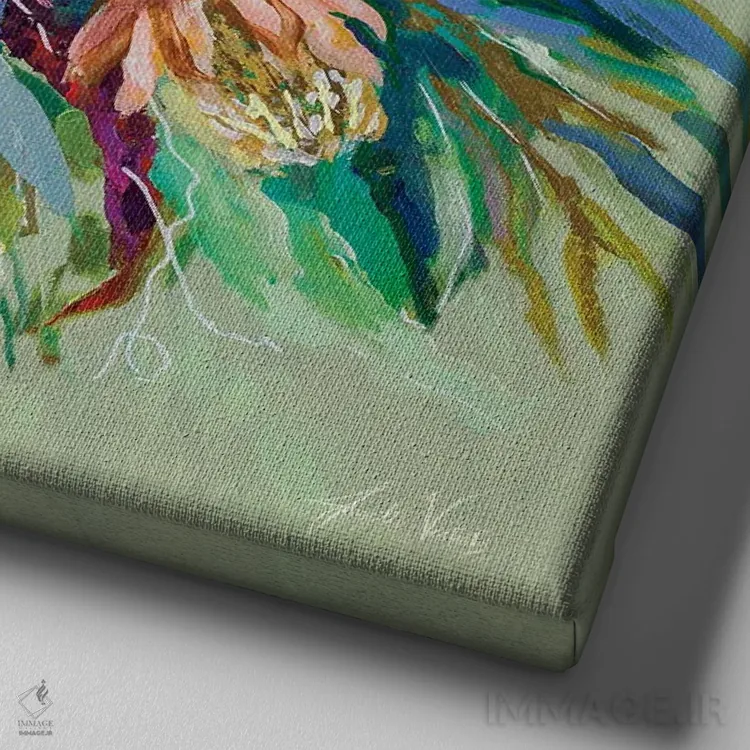 تابلو دکوراتیو دسته گل ماریاس با مریم گلی اثر ژانت ورتنتس - نمای نزدیک بافت بوم