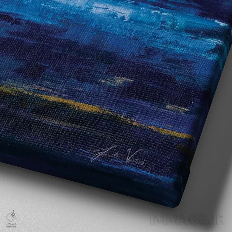 تابلو انتزاعی آبی عمیق اثر ژانت ورتنتس - نمای نزدیک بافت بوم