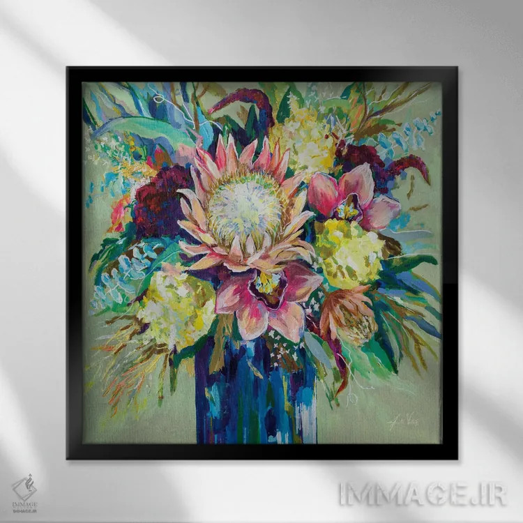 تابلو دکوراتیو دسته گل ماریاس با مریم گلی اثر ژانت ورتنتس - نمای قابدار مشکی