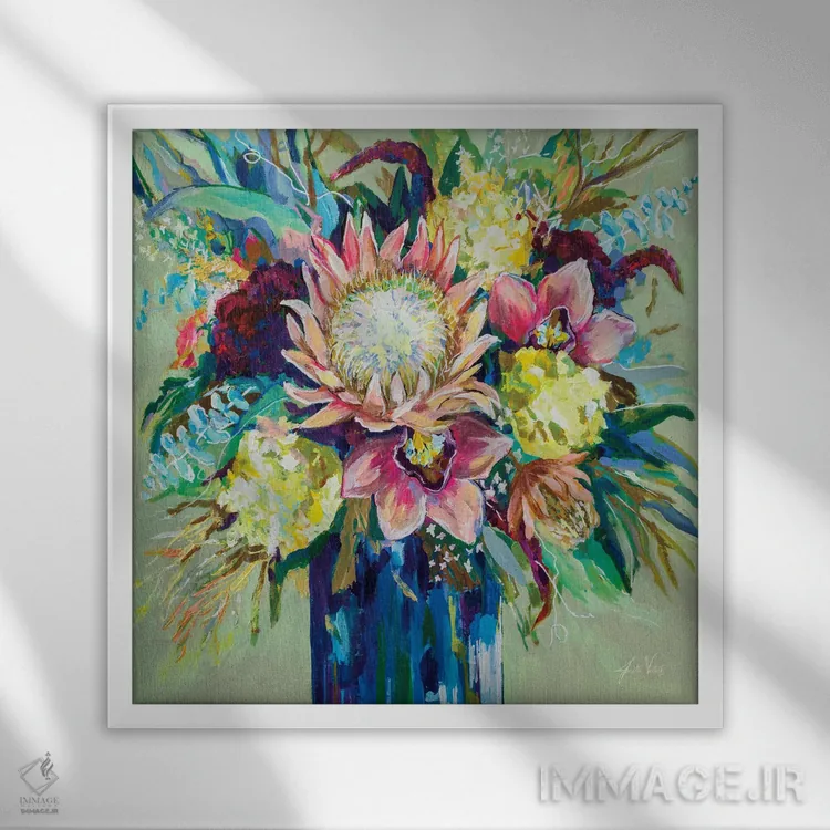 تابلو دکوراتیو دسته گل ماریاس با مریم گلی اثر ژانت ورتنتس - نمای قابدار سفید