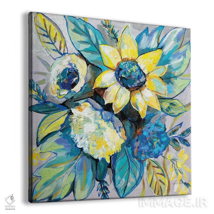 تابلو انتزاعی مریم گلی و گل آفتابگردان I اثر ژانت ورتنتس - نمای پرسپکتیو محصول