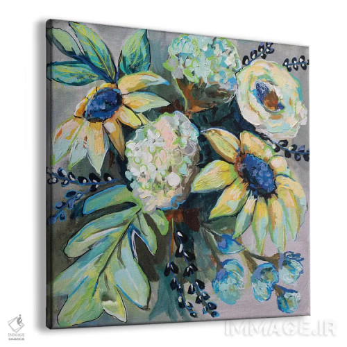 تابلو انتزاعی مریم گلی و گل آفتابگردان II اثر ژانت ورتنتس - نمای پرسپکتیو محصول