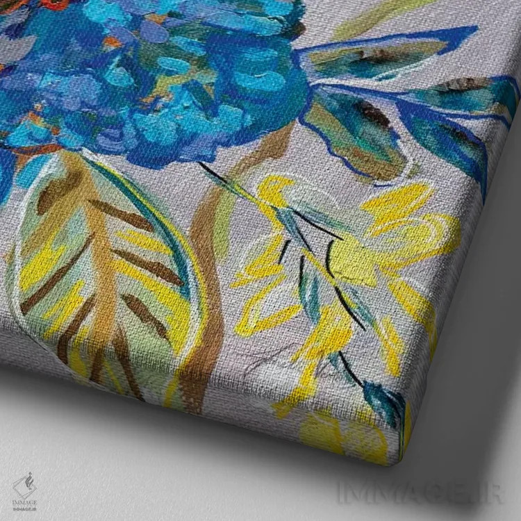 تابلو انتزاعی مریم گلی و گل آفتابگردان I اثر ژانت ورتنتس - نمای نزدیک بافت بوم