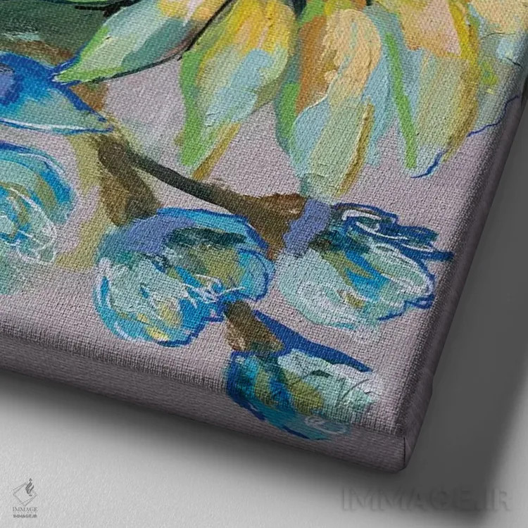 تابلو انتزاعی مریم گلی و گل آفتابگردان II اثر ژانت ورتنتس - نمای نزدیک بافت بوم
