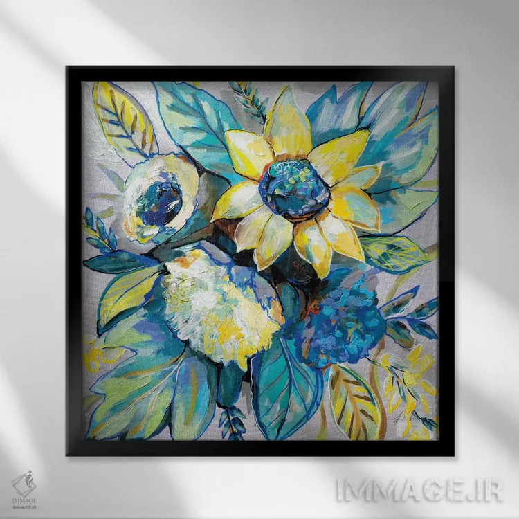 تابلو انتزاعی مریم گلی و گل آفتابگردان I اثر ژانت ورتنتس - نمای قابدار مشکی