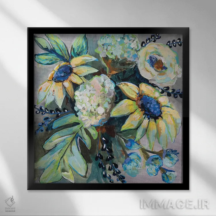 تابلو انتزاعی مریم گلی و گل آفتابگردان II اثر ژانت ورتنتس - نمای قابدار مشکی