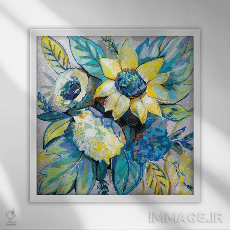 تابلو انتزاعی مریم گلی و گل آفتابگردان I اثر ژانت ورتنتس - نمای قابدار سفید