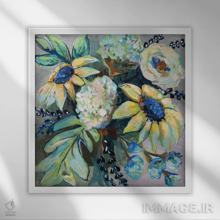 تابلو انتزاعی مریم گلی و گل آفتابگردان II اثر ژانت ورتنتس - نمای قابدار سفید