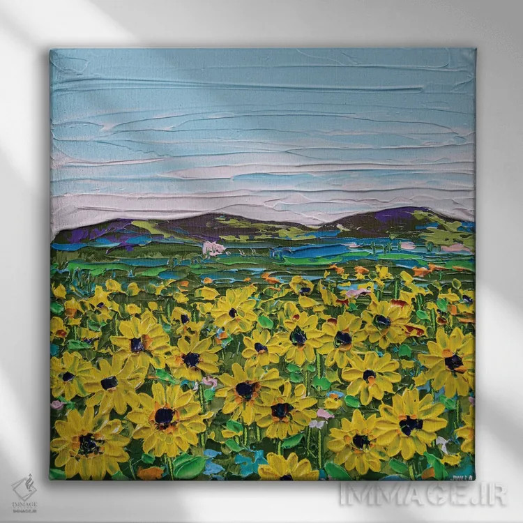 تابلو انتزاعی گل های آفتابگردان اثر جوزف ویلانوا - نمای روبهرو روی دیوار