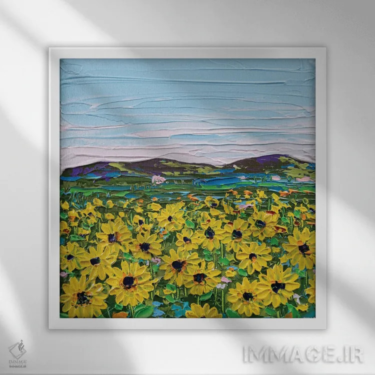 تابلو انتزاعی گل های آفتابگردان اثر جوزف ویلانوا - نمای قابدار سفید