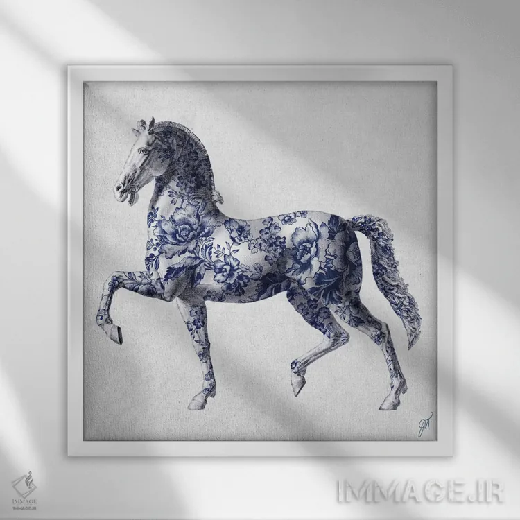 تابلو مدرن اسب اصیل چینی I اثر جکی ون توبل - نمای قابدار سفید